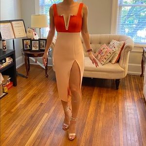 Never worn Plunge midi dress w/ slit - peach and orange w/ metal V-plunge